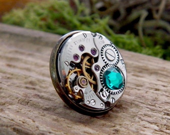 Steampunk Lapel Badge / Tie Tack / Brooch. Vintage Watch Mechanism Bronze Pin Badge. Blue Zircon Lapel Pin.