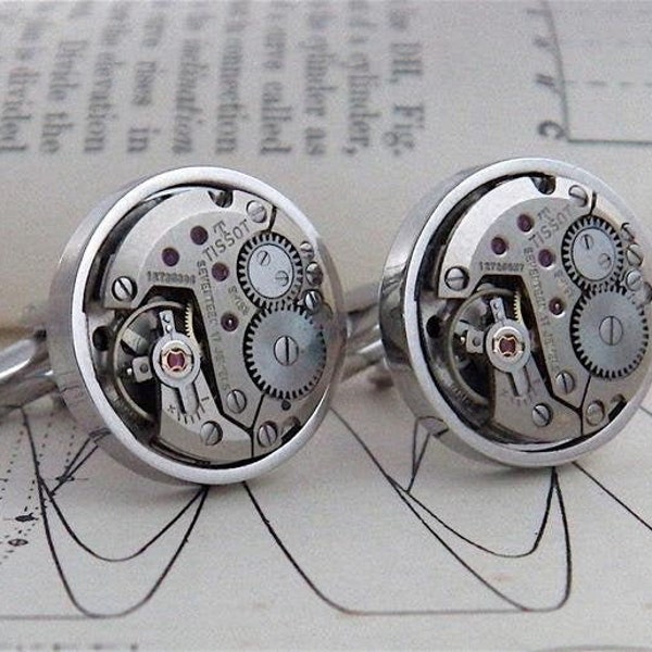 Tissot Cufflinks, Swiss Watch Mechanism Cuff Links for Steampunk Fans and Watch Lovers.