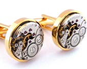 Steampunk Cufflinks, Vintage Clockwork Watch Movement Gold Cuff Links. Steampunk Wedding / Father's Day Gift..