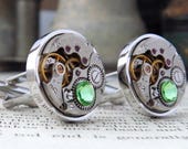 Peridot Cufflinks. Vintage Watch Mechanisms & Light Green 'Peridot' Crystals. 16th Wedding Anniversary / August Birthstone Gift. Steampunk.