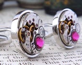Pink Cufflinks, Contemporary Look with Watch Mechanisms & 'Fuchsia' Crystals. Steampunk Inspired, Modern Vintage Style Mens Accessories.