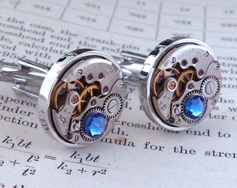 Sapphire Cufflinks: Steampunk Watch Cufflinks, Vintage Clockwork Watch Movement Cuff Links with Blue Sapphire Crystals. Gift For Husband.