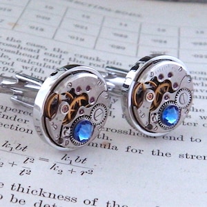 Sapphire Cufflinks: Steampunk Watch Cufflinks, Vintage Clockwork Watch Movement Cuff Links with Blue Sapphire Crystals. Gift For Husband.