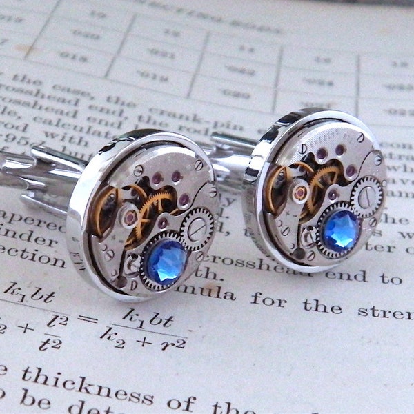 Sapphire Cufflinks: Steampunk Watch Cufflinks, Vintage Clockwork Watch Movement Cuff Links with Blue Sapphire Crystals. Gift For Husband.