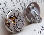 Steampunk Clip On Earrings, Featuring Vintage Watch Mechanisms. Pair, Round.