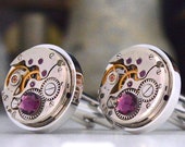 Steampunk Watch Cufflinks, Vintage Clockwork Watch Movement Cuff Links with Amethyst Crystal. Wedding Gift Cufflinks. February Birthstone.