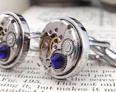 Watch Mechanism Cufflinks with 'Cobalt Blue' Crystals. Steampunk Inspired, Wedding Cuff Links, Gifts For Men.