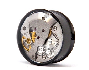 One Black Steampunk Plug. Gears In Your Ears, Vintage Watch Mechanism Tunnel - 22mm / 7/8 inch gauge.