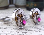 Watch Mechanism Cufflinks with pink 'Fuchsia' Crystals. Steampunk Style Men's Accessories. Watch Geek Cufflinks.