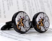 Watch Cufflinks - Black Clockwork Steampunk Cuff Links. Gifts for Men.