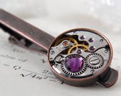 Steampunk Tie Bar / Clip. Vintage Watch Movement. Antique Copper Style Men's Accessories. Gifts For Men. With Amethyst, February Birthstone.