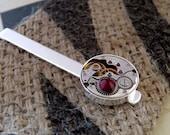 Steampunk Tie Clip / Bar With Vintage Watch Movement. Silver & Dark Red Men's Accessories. Cosplay.