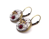 Steampunk Earrings, Featuring Vintage Watch Mechanisms & Swarovski Crystals. Pair, Round, Lever Backs.