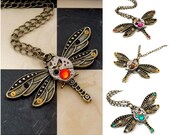 Steampunk Dragonfly Watch Movement Necklace / Pendant - Gears With Wings. Custom made, choose your colours.