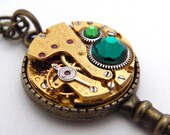Steampunk Key Necklace / Pendant. With Vintage Brass Watch Mechanism & Emerald and Green Swarovski Crystals. Jamlincrow
