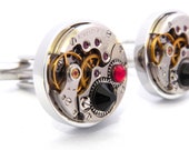Watch Cufflinks with Black & Red Crystals. Steampunk Wedding Cuff Links. Modern Vintage Style Gifts For Men. Gothic 'Vampire Bite' Cufflinks