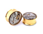 Gold & Silver Steampunk Vintage Watch Movement Ear Plugs / Tunnels - Gears In Your Ears. 22mm / 7/8 inch gauge. Pair. Pre-Order