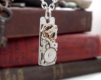 Steampunk Style Necklace, Featuring a Vintage Rectangular Ladies Watch Mechanism.