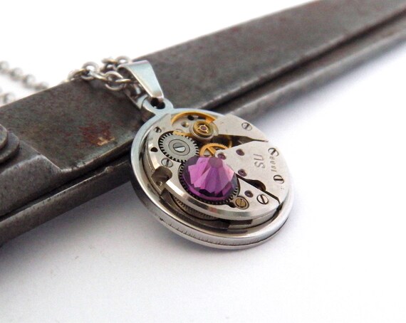 Steampunk Necklace - Vintage Watch Mechanism Necklace & Amethyst Swarovski Crystal. Steam Punk February Birthstone Necklace. Birthday Gift.