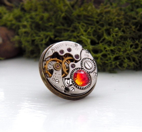 Steampunk Lapel Badge / Tie Tack / Brooch. Vintage Watch Mechanism Bronze Pin Badge. Fire Opal / Burnt Orange Lapel Pin.