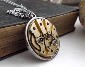 Collar con medallón de reloj: colgante de reloj de bolsillo mecánico vintage con cadena de acero inoxidable. Regalo de engranajes steampunk.