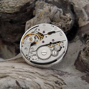 Steampunk Lapel Pin Badge, With Watch Mechanics. Vintage Watch Movement & Silver Plated Backing. image 4