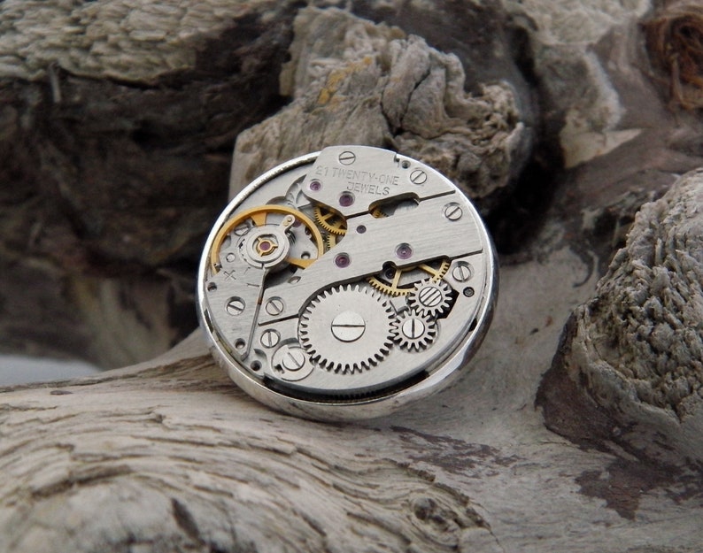 Steampunk Lapel Pin Badge, With Watch Mechanics. Vintage Watch Movement & Silver Plated Backing. image 4