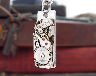 Vintage Watch Necklace, Featuring a Rectangular Swiss Watch Mechanism. Unusual Steampunk Style Unique Clockwork Jewellery.