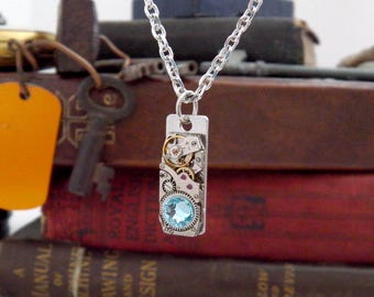Steampunk Style Necklace, Featuring a Vintage Rectangular Ladies Watch Mechanism with Aquamarine Crystal