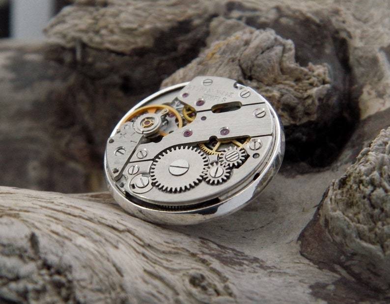 Steampunk Lapel Pin Badge, With Watch Mechanics. Vintage Watch Movement & Silver Plated Backing. image 5