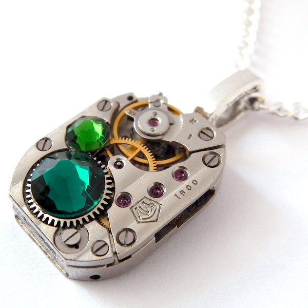 Vintage Watch Movement Steampunk Necklace / Pendant  - Emerald Green