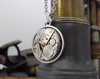 Mechanical Watch Pendant and Stainless Steel Chain Necklace. Unusual Gift. Steampunk Gears. Vintage Rotary Watch Movement.