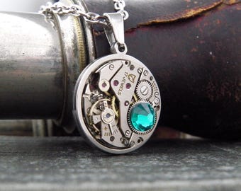 Necklace - Vintage Watch Mechanism Steampunk Pendant with Blue Zircon Swarovski Crystal and Stainless Steel Chain.