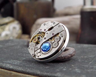 Watch Lapel Pin / Steampunk Brooch. Vintage Watch Mechanism Pin Badge with Sapphire Crystal. Father's Day Gift.
