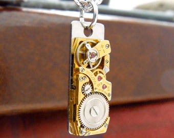Steampunk Style Necklace, Featuring a Gold Colour Vintage Rectangular Ladies Watch Mechanism Pendant on Stainless Steel Chain Necklace.