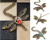 Steampunk Dragonfly Watch Movement Necklace / Pendant - Gears With Wings. Custom made, choose your colours.