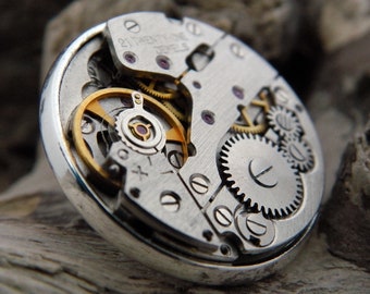 Steampunk Lapel Pin Badge, With Watch Mechanics. Vintage Watch Movement & Silver Plated Backing.