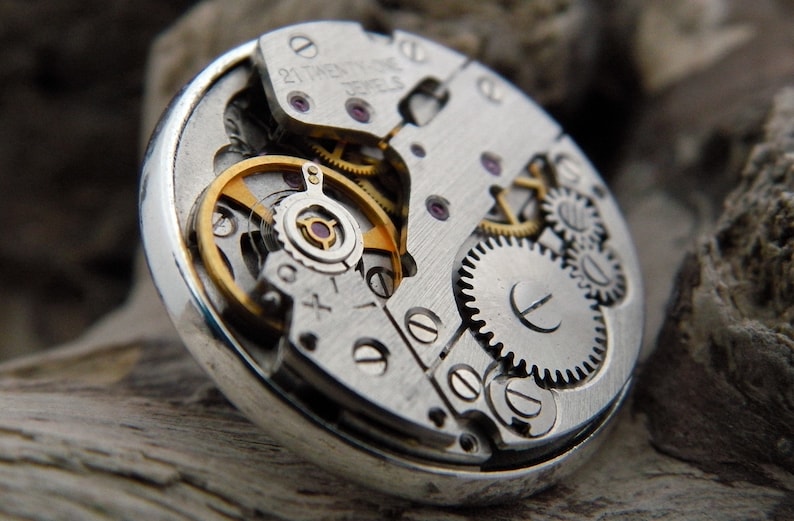 Steampunk Lapel Pin Badge, With Watch Mechanics. Vintage Watch Movement & Silver Plated Backing. image 1