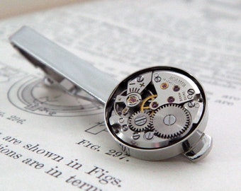 Steampunk Tie Bar / Clip. Vintage Roamer Watch Movement. Silver Men's Accessories. Gifts for Men.
