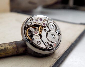 Mechanical Watch Lapel Pin, Gift for Watch Enthusiast, with Vintage Marvin Watch Movement. Stainless Steel Gift for Men.