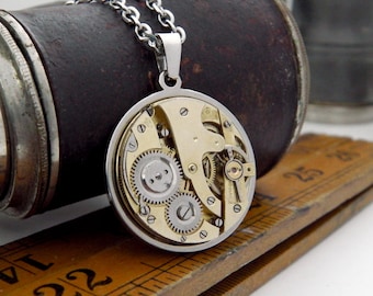 Vintage Watch Mechanism Pendant and Stainless Steel Chain. Unusual Gift. Steampunk Gears.