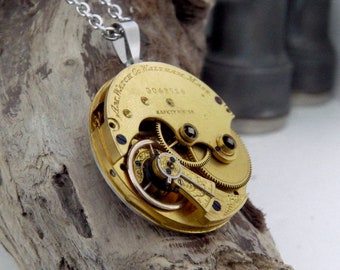 Waltham Watch Necklace. Steampunk Style Pendant. Antique 1887 Pocket Watch Mechanism on Stainless Steel Chain.