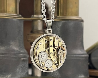 Vintage Watch Mechanism Pendant and Stainless Steel Chain. Unusual Gift. Steampunk Gears.