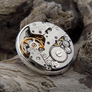 Steampunk Lapel Pin Badge, With Watch Mechanics. Vintage Watch Movement & Silver Plated Backing. image 2