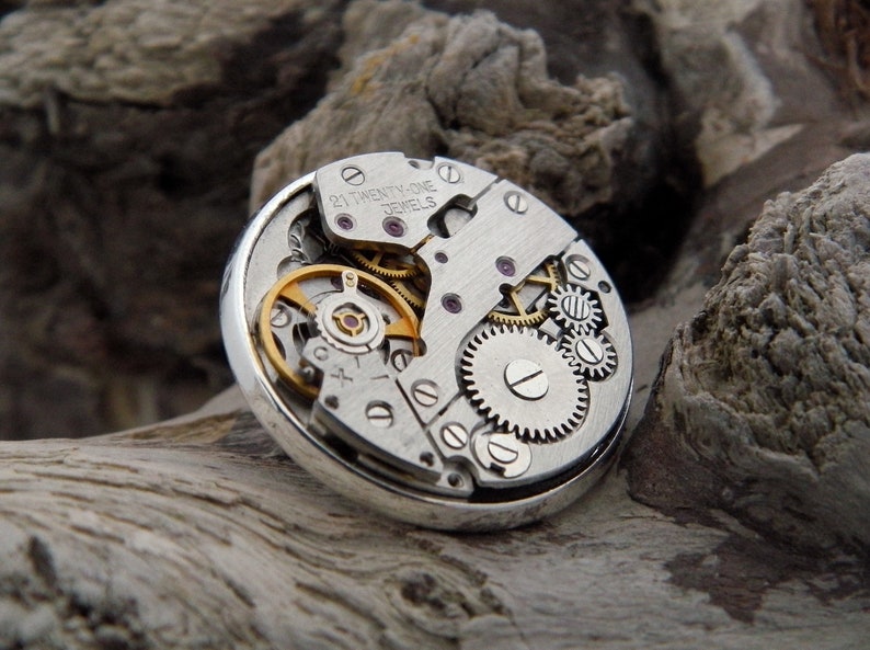 Steampunk Lapel Pin Badge, With Watch Mechanics. Vintage Watch Movement & Silver Plated Backing. image 2