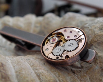 Steampunk Tie Bar / Clip. Vintage Watch Movement. Antique Copper Style Men's Accessories. Gifts For Men.