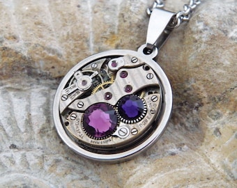 Steampunk Necklace - Vintage Watch Mechanism Pendant with Amethyst & Purple Swarovski Crystals and Stainless Steel Chain. Unusual Gift.