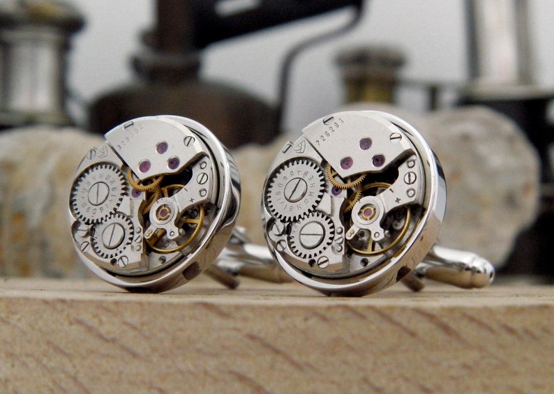 Cufflinks: Steampunk Watch Cufflinks, Vintage Clockwork Watch Movement Cuff Links. Wedding Cufflinks. Steampunk Gift for Men. image 3