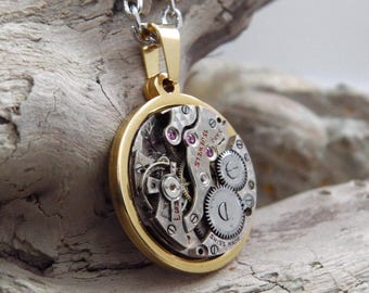 Watch Necklace. Steampunk Gold Pendant with Vintage Watch Movement and Stainless Steel Chain.