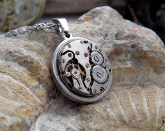 Steampunk Necklace - Vintage Watch Mechanism Pendant and Stainless Steel Chain. Unusual Gift.